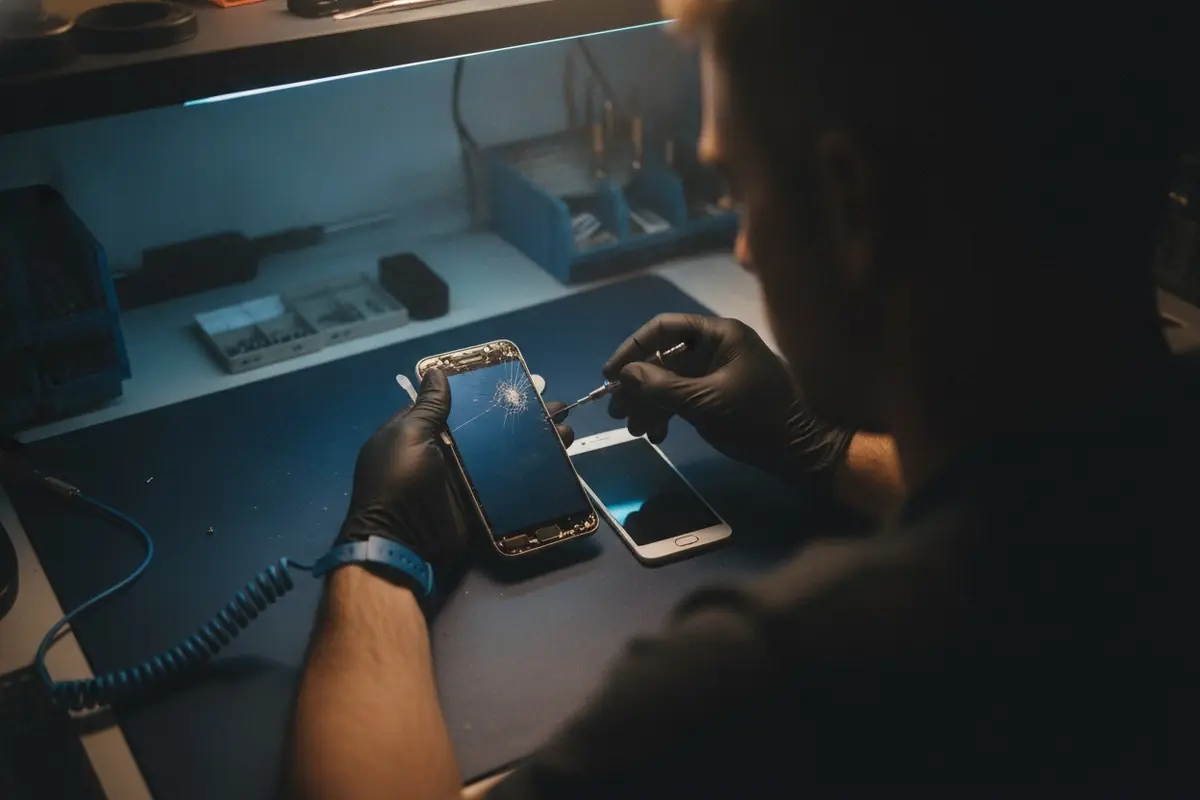 Técnico con pulsera antiestática abriendo un celular