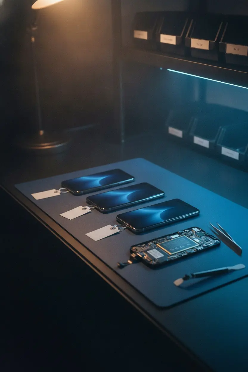 Celular con la pantalla encendida en un taller