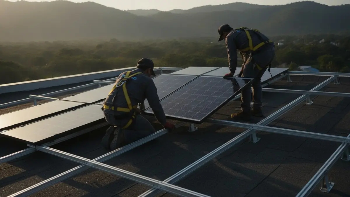 Instaladores colocando paneles solares en un techo