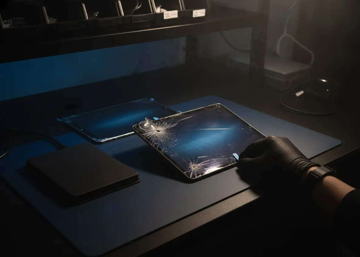 iPad sobre una mesa con la pantalla encendida